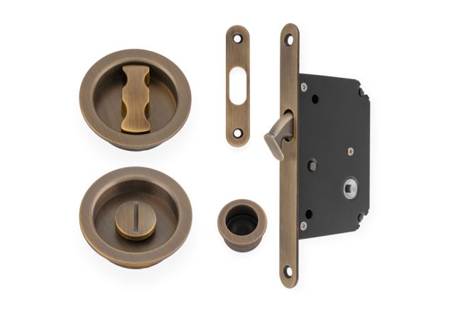 Schuifdeurslot set - Antiek messing - inclusief rond deurbeslag - AW110RAB