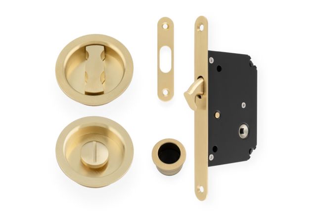 Schuifdeurslot set - PVD Mat messing - inclusief rond deurbeslag  - AW110RSBPVD