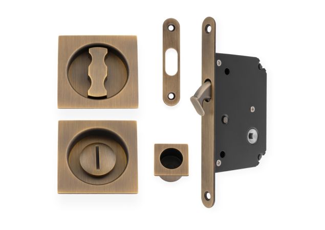 Schuifdeurslot set - Antiek messing - inclusief vierkant deurbeslag - AW111RAB
