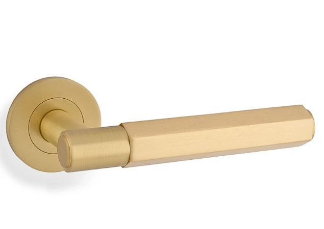Deurkruk Hex 'Spitfire' - Mat messing - Rond rozet Ø50mm - AW224SB