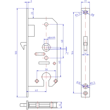 Insteekschuifdeurslot 104-serie Pc Messing gepolijst Chroom Doornm.40mm H.o.h 60mm small
